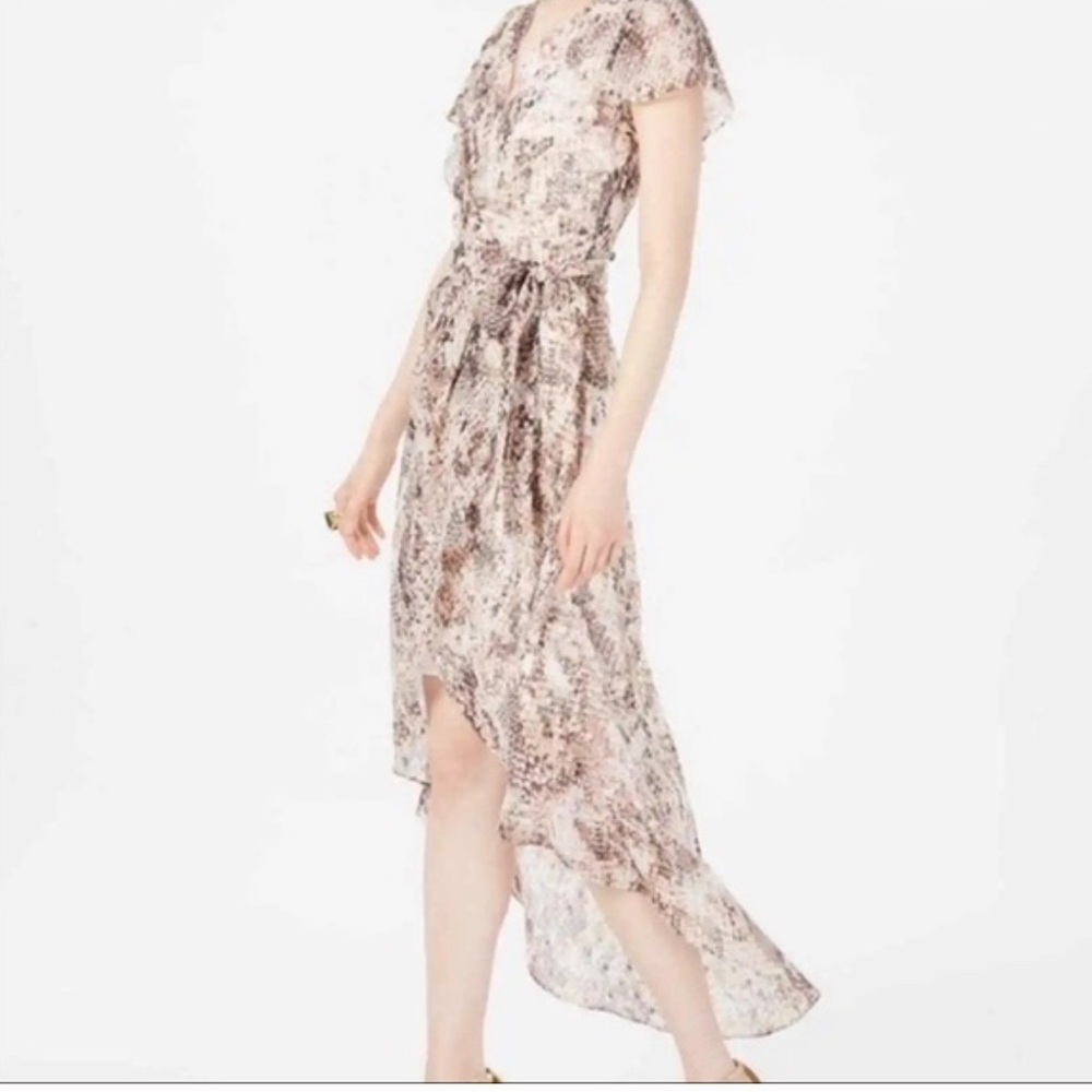 Julia Jordan Dress Flutter Sleeve Ruffled Metallic Snake‎ Print Hi-Low